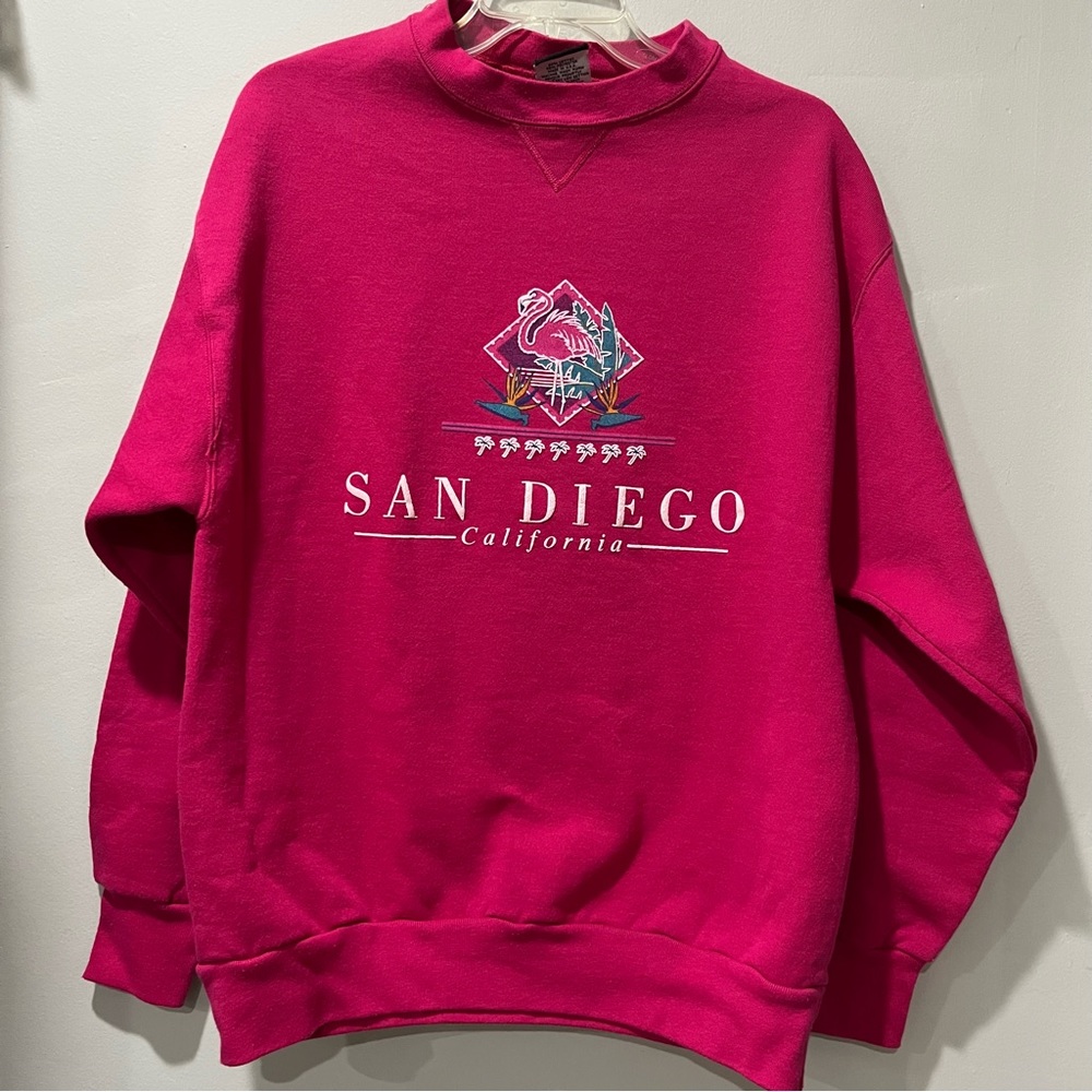 Vtg Sweatshirt San Diego‎ California 80s 90s Womens Pink XL floral flamingo palm